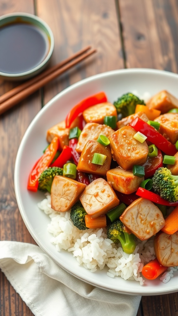 Szechuan peppercorn turkey stir-fry with colorful vegetables, served over rice, garnished with green onions.